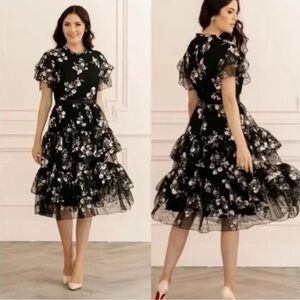 Rachel Parcell Black Floral Tiered Skirt Midi Dress Size Small NWT